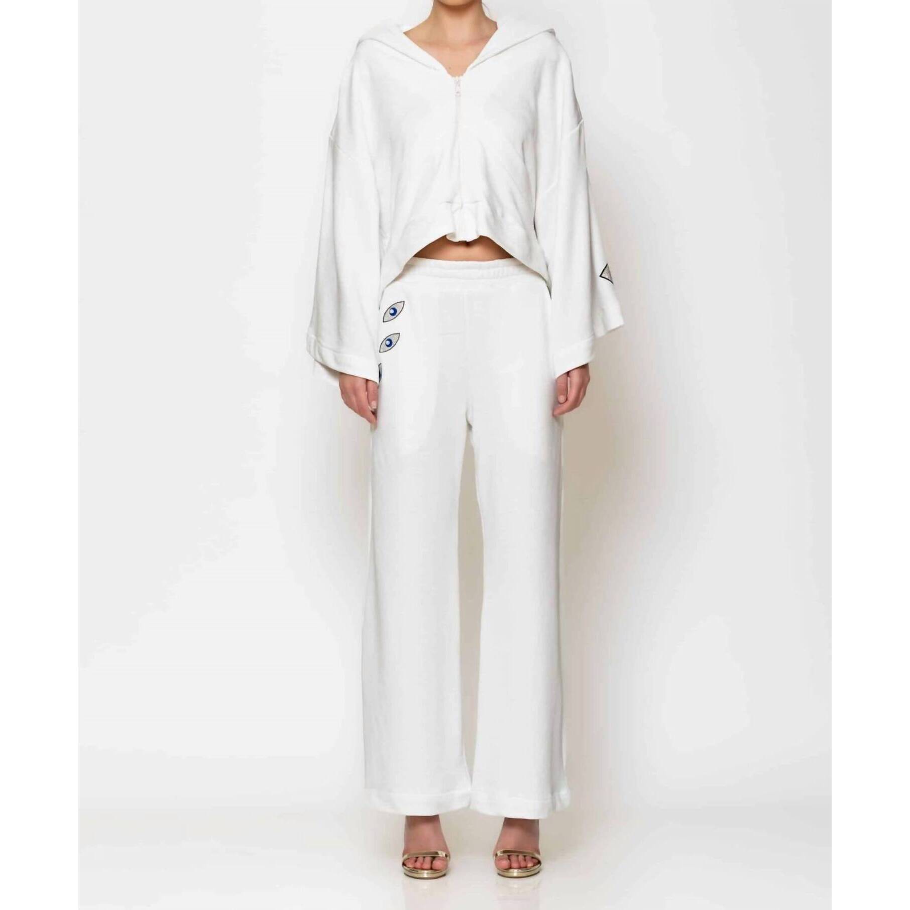 New C-Throu Eye Embroidered Terry Cotton Blouse And Pants Set In White/Blue